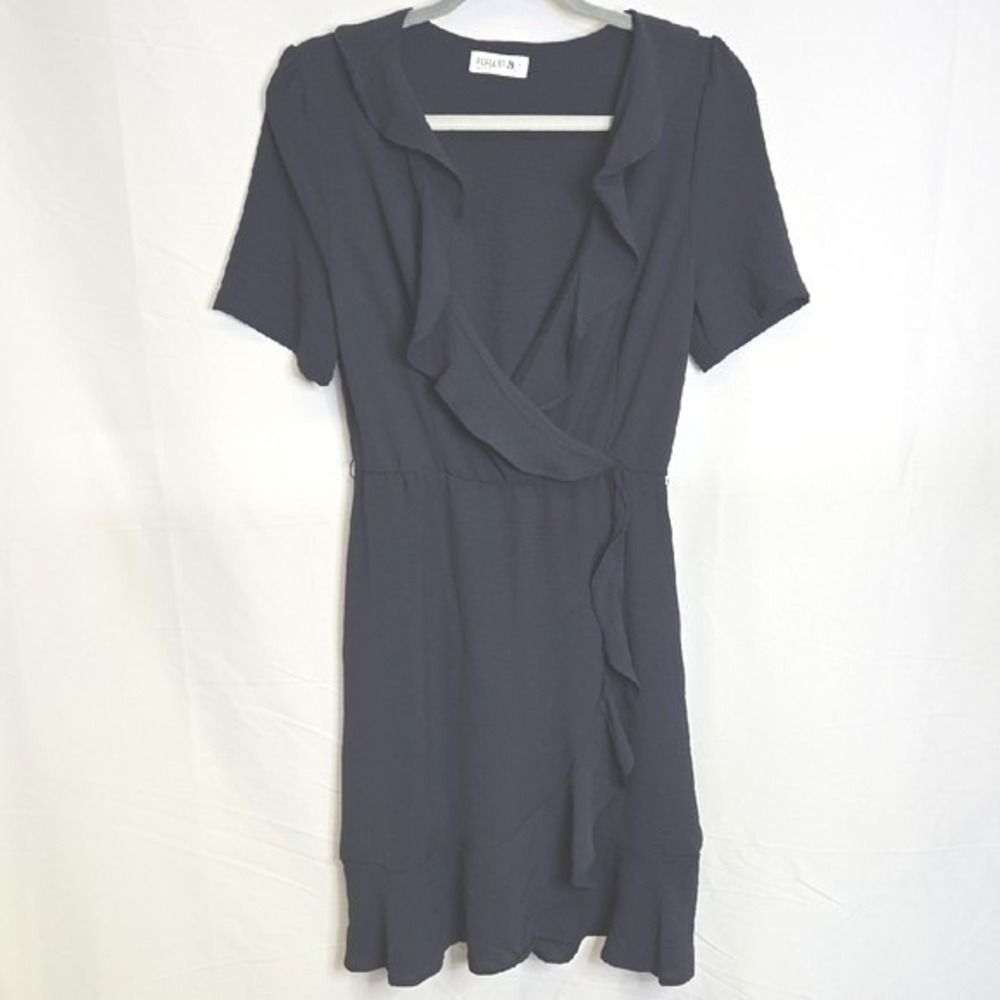 Popular 21 Ruffle Surplice V-Neck Wrap Air Flow Flare Dress, Blue, Size Small‎